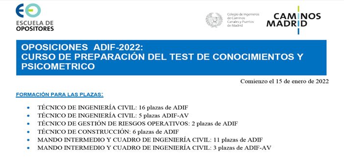 Oposiciones ADIF – 2022: Curso de Preparación de Test de Conocimientos y Psicométrico