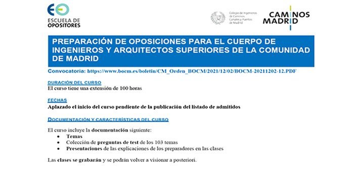 Preparación de oposiciones para el Cuerpo de Ingenieros y Arquitectos Superiores de la Comunidad de Madrid